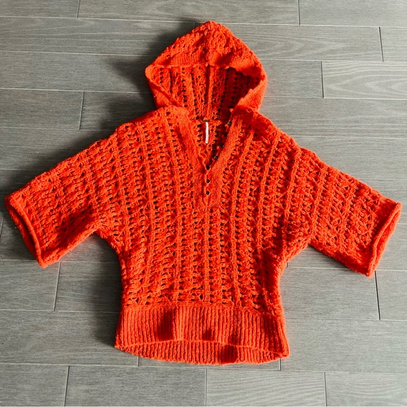 Free People Hooded Open Knit Dolman Sweater Orange Wool Blend Crochet Pullover M - Picture 12 of 16
